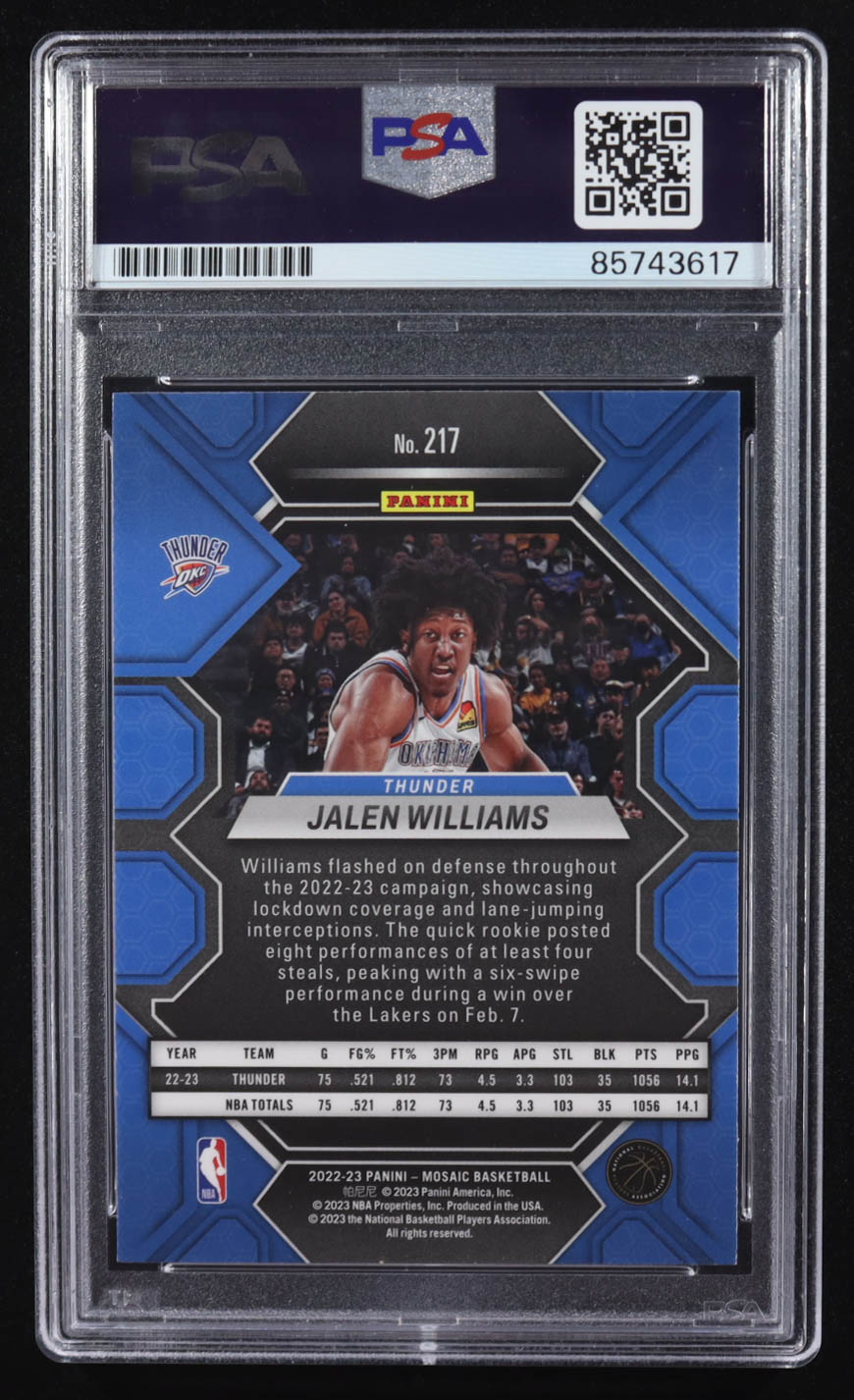 Jalen Williams Signed 2022-23 Panini Mosaic #217 RC (PSA) at PristineAuction.com Jalen Williams Signed 2022-23 Panini Mosaic #217 RC (PSA) at PristineAuction.com