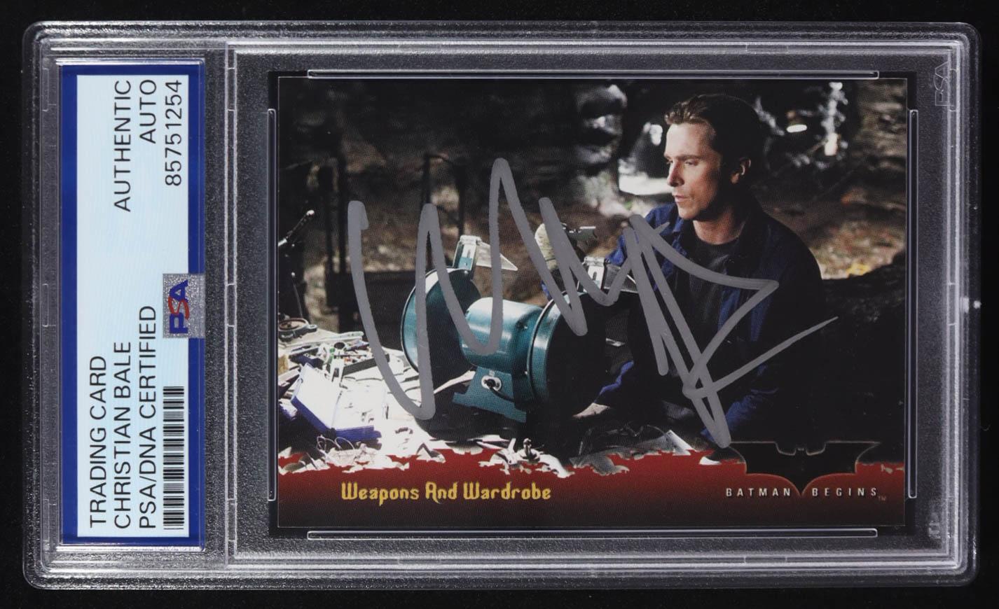 Christian Bale Signed 2005 Topps Batman Begins Weapons And Wardrobe #38 (PSA) at PristineAuction.com Christian Bale Signed 2005 Topps Batman Begins Weapons And Wardrobe #38 (PSA) at PristineAuction.com
