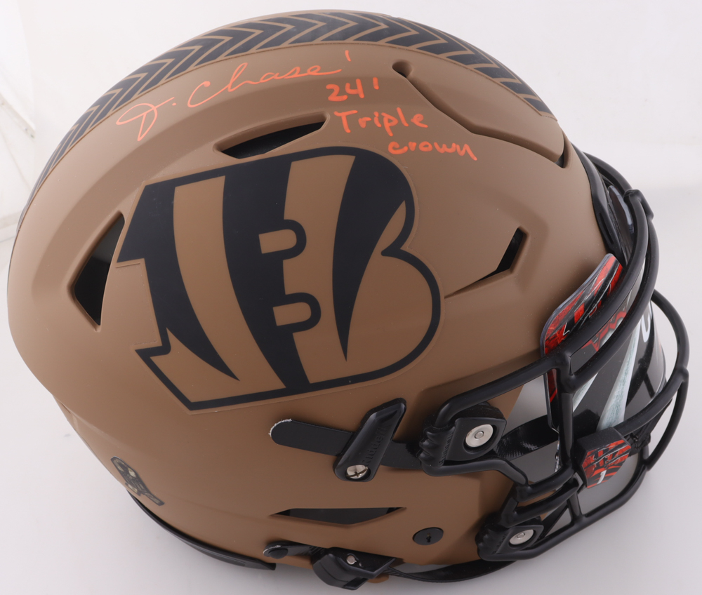 Ja'Marr Chase Signed Bengals Full-Size Authentic On-Field Salute To Service Alternate Speed Helmet With Visor Inscribed "24 Triple Crown" (Beckett) at PristineAuction.com Ja'Marr Chase Signed Bengals Full-Size Authentic On-Field Salute To Service Alternate Speed Helmet With Visor Inscribed "24 Triple Crown" (Beckett) at PristineAuction.com