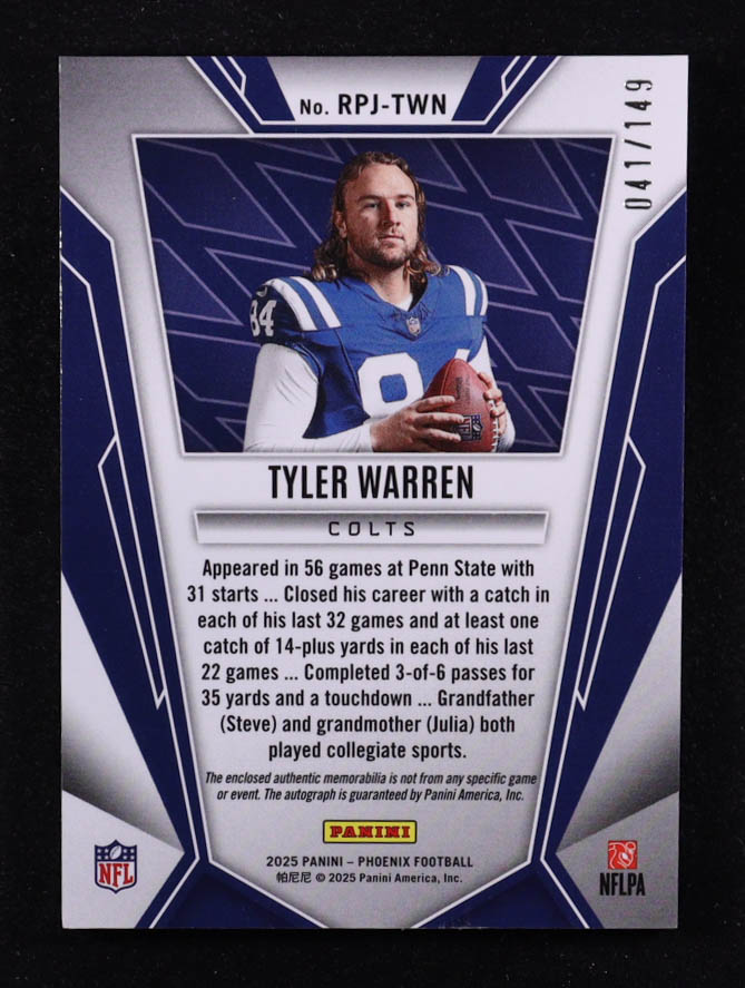 Tyler Warren 2025 Panini Phoenix Rookie Phenoms Jersey Autographs Silver #16 #041/149 RC at PristineAuction.com Tyler Warren 2025 Panini Phoenix Rookie Phenoms Jersey Autographs Silver #16 #041/149 RC at PristineAuction.com