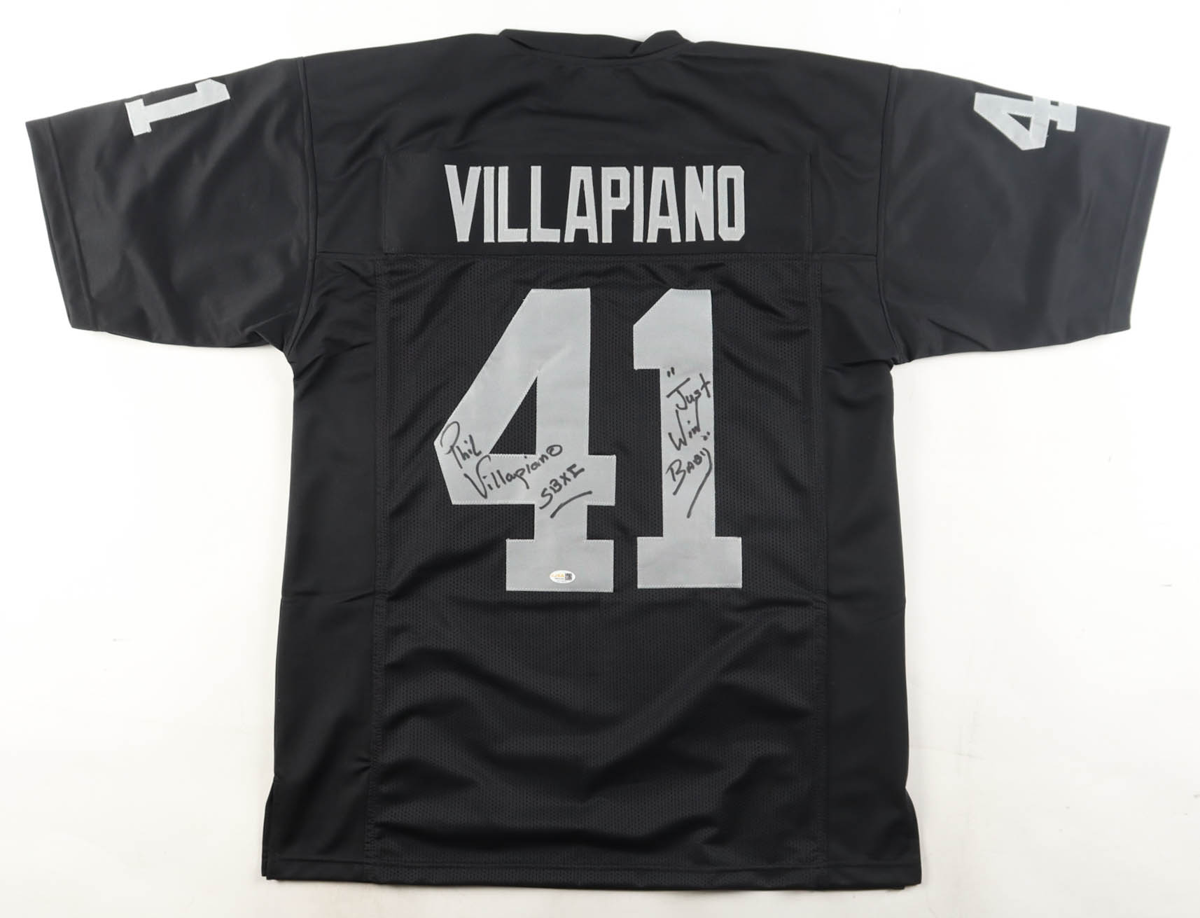 Phil Villapiano Signed Jersey Inscribed "SBXI" & "'Just Win Baby'" (JSA) at PristineAuction.com Phil Villapiano Signed Jersey Inscribed "SBXI" & "'Just Win Baby'" (JSA) at PristineAuction.com