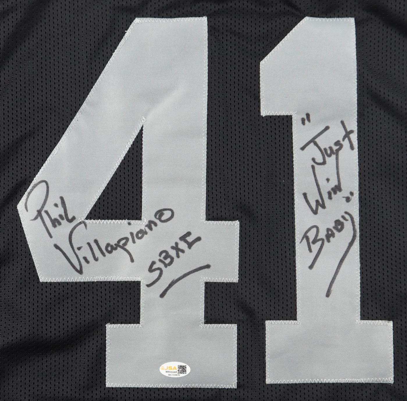 Phil Villapiano Signed Jersey Inscribed "SBXI" & "'Just Win Baby'" (JSA) at PristineAuction.com Phil Villapiano Signed Jersey Inscribed "SBXI" & "'Just Win Baby'" (JSA) at PristineAuction.com