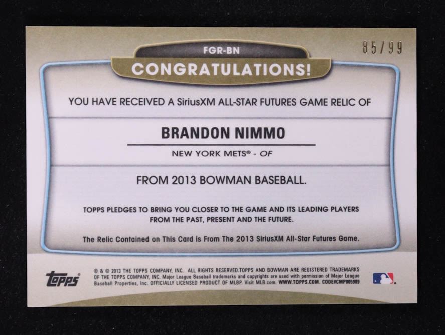 Brandon Nimmo 2013 Bowman Futures Game Relics Holo #FGRBN #85/99 at PristineAuction.com Brandon Nimmo 2013 Bowman Futures Game Relics Holo #FGRBN #85/99 at PristineAuction.com