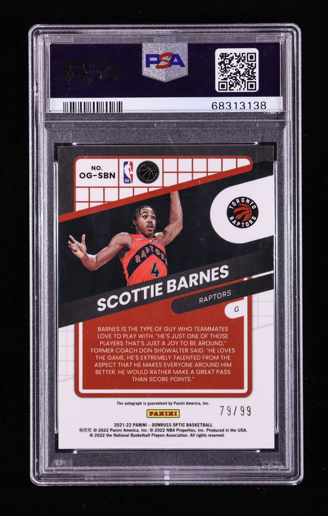 Scottie Barnes 2021-22 Donruss Optic Opti-Graphs Autographs #98 #79/99 RC (PSA 10) at PristineAuction.com Scottie Barnes 2021-22 Donruss Optic Opti-Graphs Autographs #98 #79/99 RC (PSA 10) at PristineAuction.com