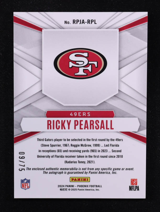 Ricky Pearsall 2024 Panini Phoenix Rookie Phenoms Jersey Autographs Silver #9 #09/75 RC at PristineAuction.com Ricky Pearsall 2024 Panini Phoenix Rookie Phenoms Jersey Autographs Silver #9 #09/75 RC at PristineAuction.com