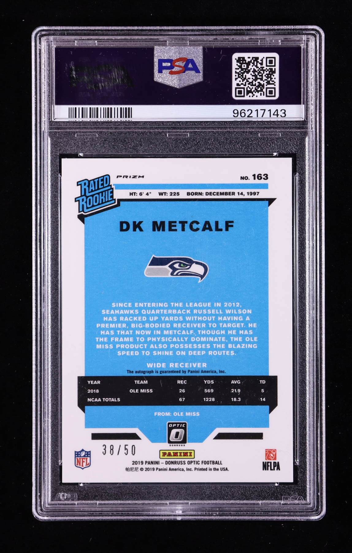 D.K. Metcalf 2019 Donruss Optic Rated Rookies Autographs Purple Stars #163 #38/50 RR RC (PSA 10) at PristineAuction.com D.K. Metcalf 2019 Donruss Optic Rated Rookies Autographs Purple Stars #163 #38/50 RR RC (PSA 10) at PristineAuction.com