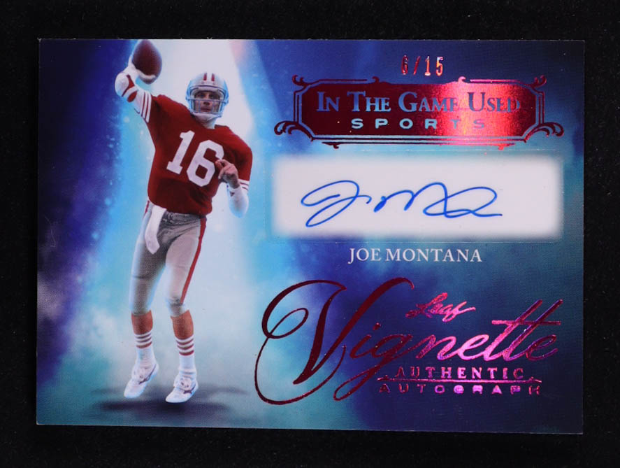 Joe Montana 2022 ITG Used Sports Vignette Autograph Pink #VJM1 #06/15 at PristineAuction.com Joe Montana 2022 ITG Used Sports Vignette Autograph Pink #VJM1 #06/15 at PristineAuction.com