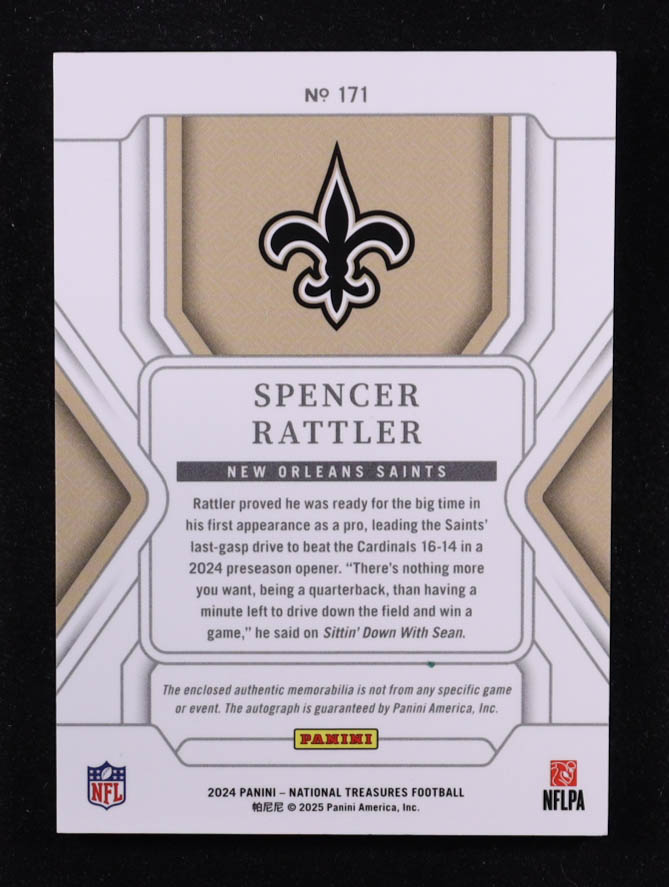 Spencer Rattler 2024 Panini National Treasures Patch Autograph Holo Silver #171 #24/25 RC at PristineAuction.com Spencer Rattler 2024 Panini National Treasures Patch Autograph Holo Silver #171 #24/25 RC at PristineAuction.com