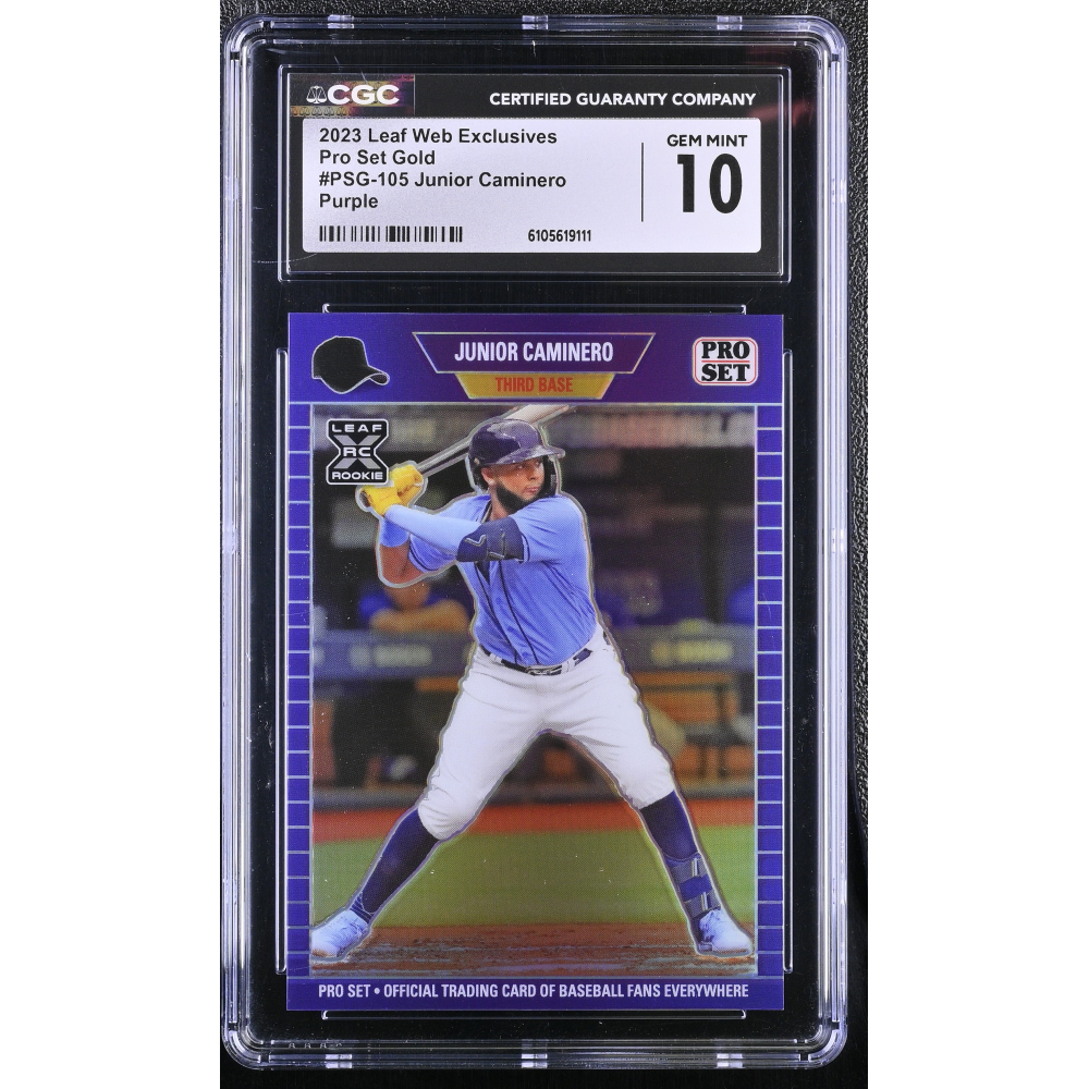 Junior Caminero 2023 Leaf Web Exclusives Pro Set Purple #PSG105 RC #5/15 (CGC 10) at PristineAuction.com