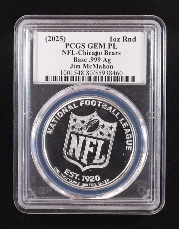 Jim McMahon Signed (2025) Official NFL Chicago Bears 1oz .999 Fine Silver - Autograph Label (PCGS GEM PL) at PristineAuction.com Jim McMahon Signed (2025) Official NFL Chicago Bears 1oz .999 Fine Silver - Autograph Label (PCGS GEM PL) at PristineAuction.com