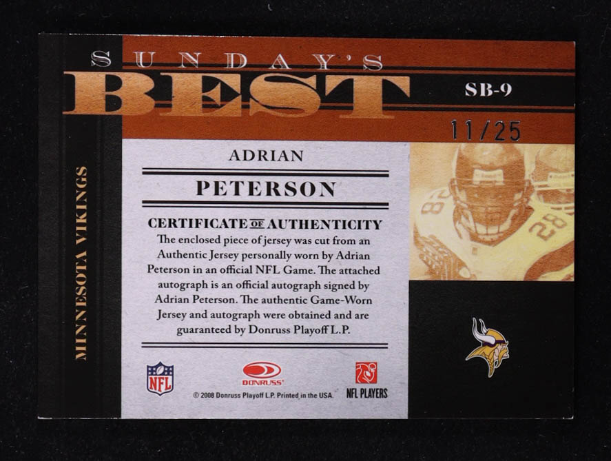 Adrian Peterson 2008 Donruss Classics Sunday's Best Jerseys Jersey Numbers Autographs #9 #11/25 at PristineAuction.com Adrian Peterson 2008 Donruss Classics Sunday's Best Jerseys Jersey Numbers Autographs #9 #11/25 at PristineAuction.com