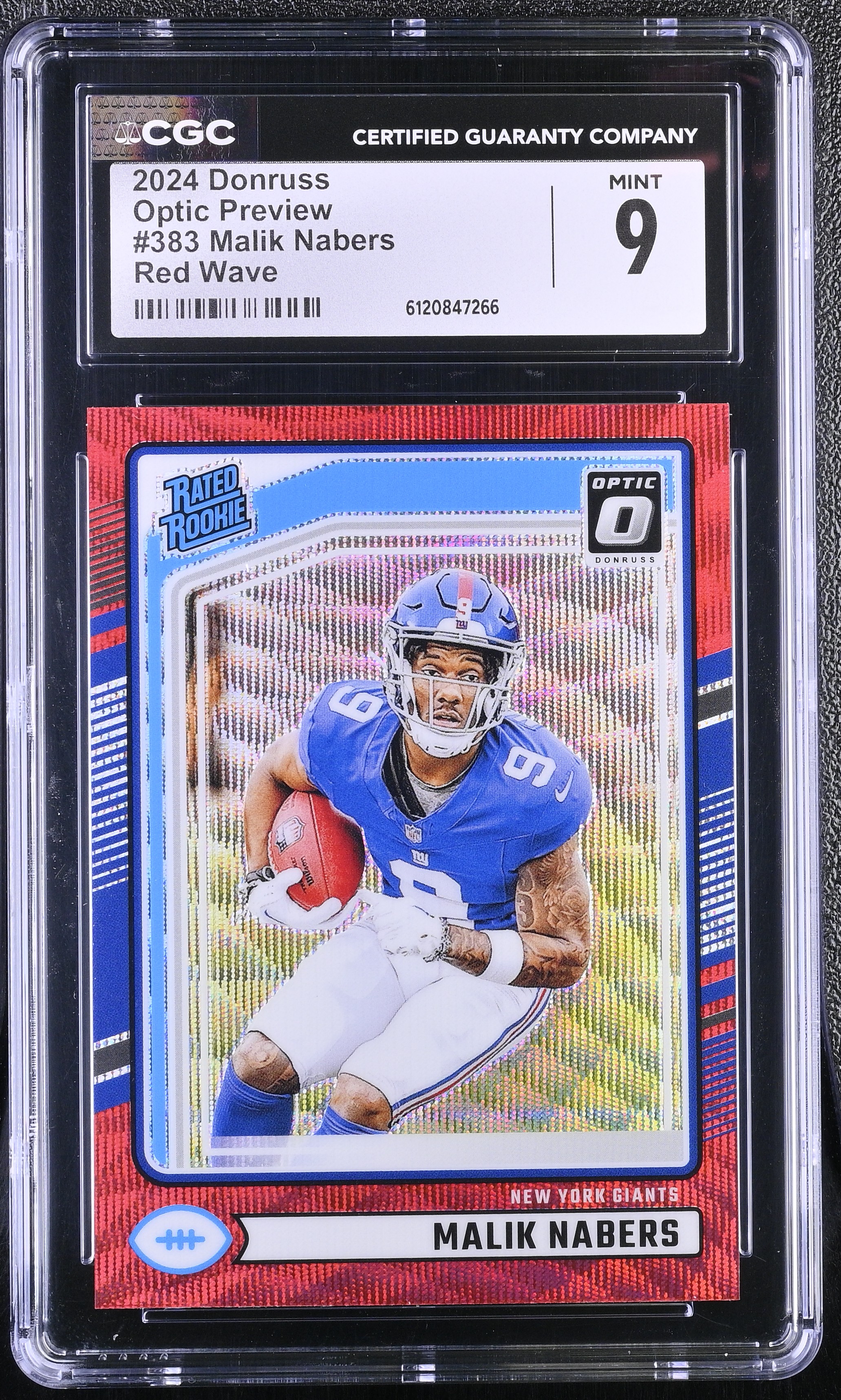 Malik Nabers 2024 Donruss Optic Rated Rookies Preview Red Wave #383 RC (CGC 9) at PristineAuction.com Malik Nabers 2024 Donruss Optic Rated Rookies Preview Red Wave #383 RC (CGC 9) at PristineAuction.com