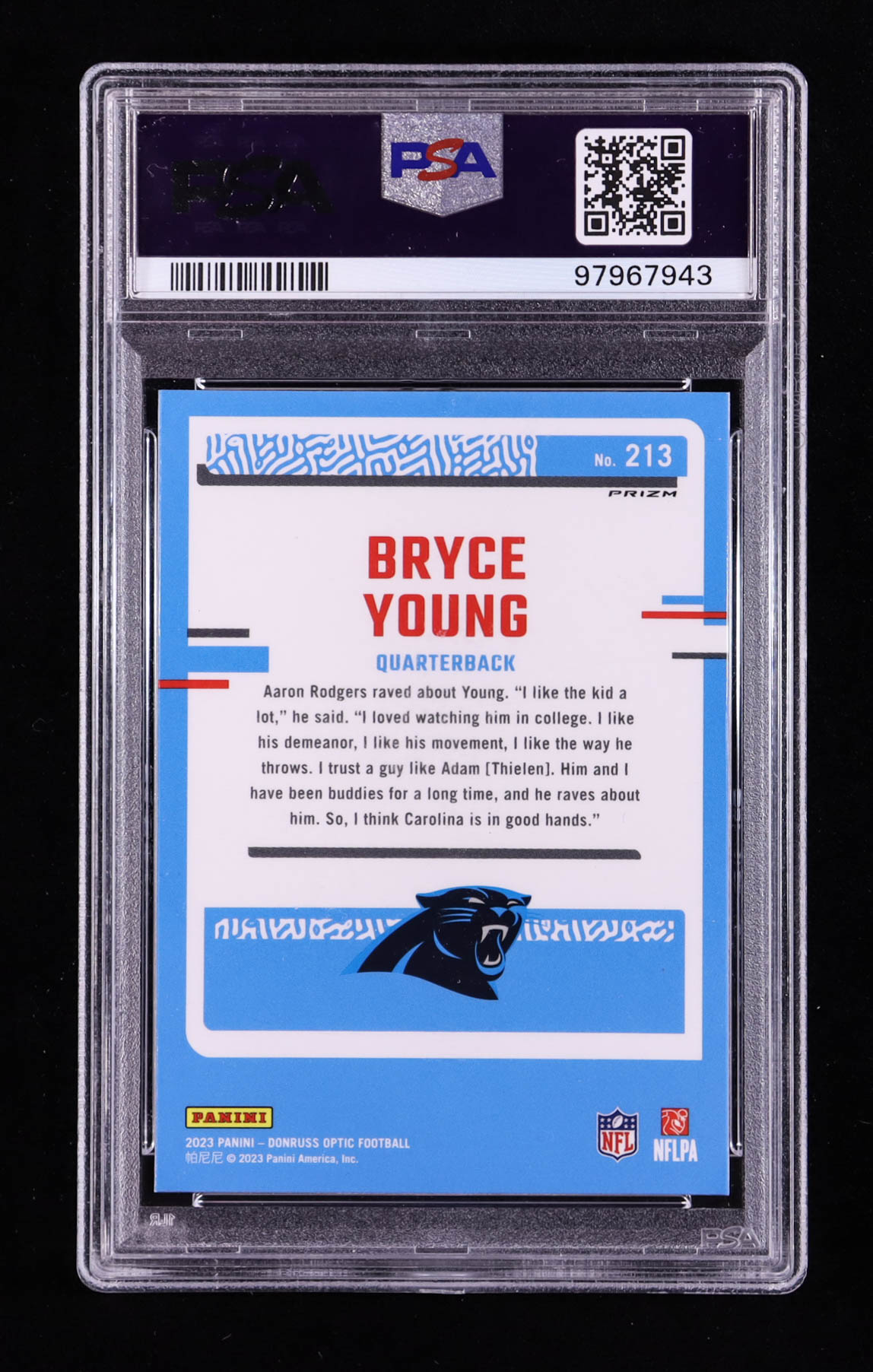 Bryce Young 2023 Donruss Optic Red Hyper #213 RR RC (PSA 10) at PristineAuction.com Bryce Young 2023 Donruss Optic Red Hyper #213 RR RC (PSA 10) at PristineAuction.com
