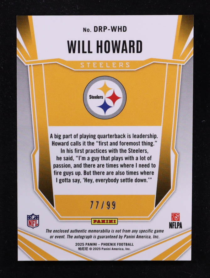Will Howard 2025 Panini Phoenix Dual Rookie Patch Autographs Red #2 #77/99 RC at PristineAuction.com Will Howard 2025 Panini Phoenix Dual Rookie Patch Autographs Red #2 #77/99 RC at PristineAuction.com