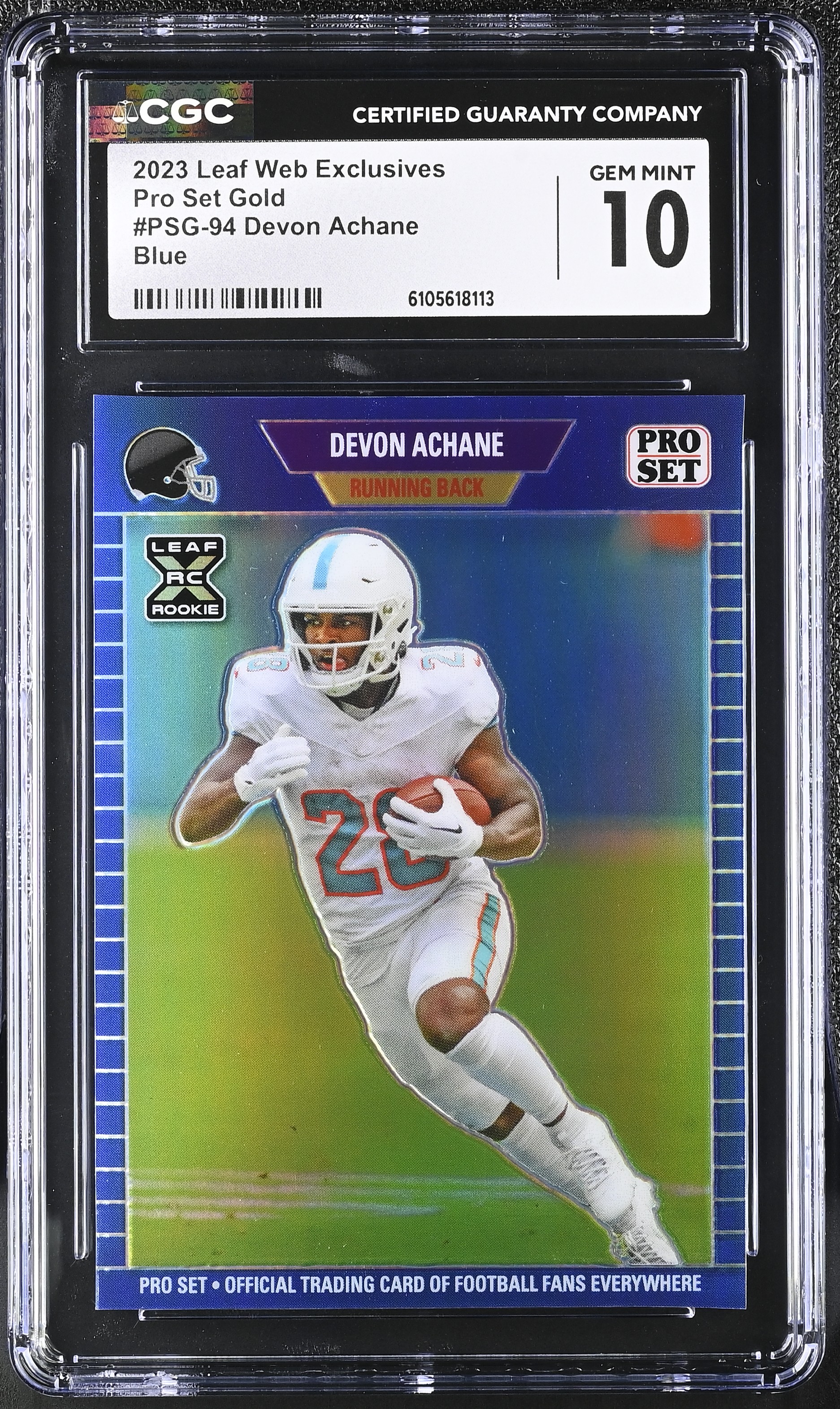 Devon Achane 2023 Leaf Web Exclusives Pro Set Blue #PSG94 RC #6/25 (CGC 10) at PristineAuction.com Devon Achane 2023 Leaf Web Exclusives Pro Set Blue #PSG94 RC #6/25 (CGC 10) at PristineAuction.com
