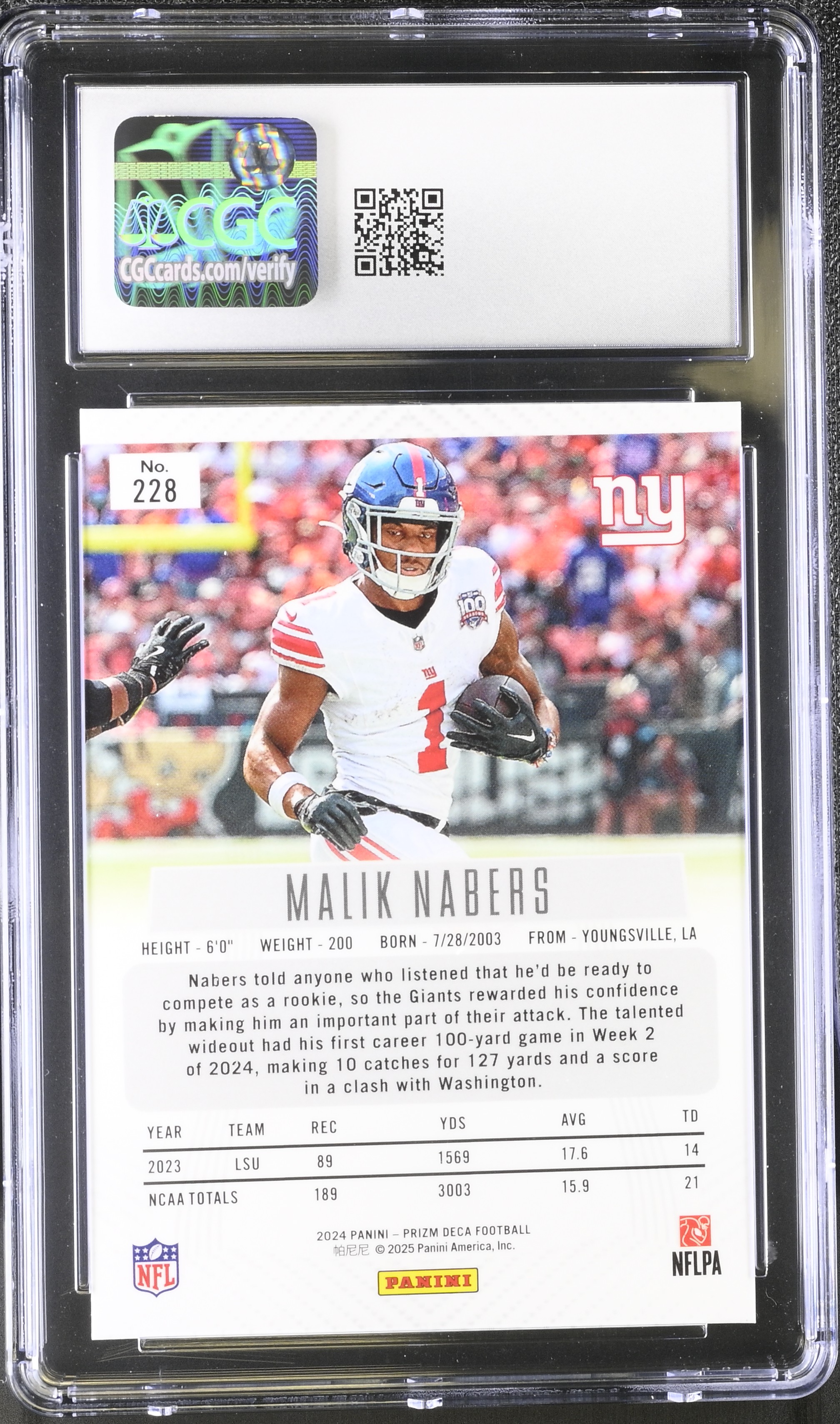 Malik Nabers 2024 Panini Prizm Deca #228 RC (CGC 10) at PristineAuction.com Malik Nabers 2024 Panini Prizm Deca #228 RC (CGC 10) at PristineAuction.com