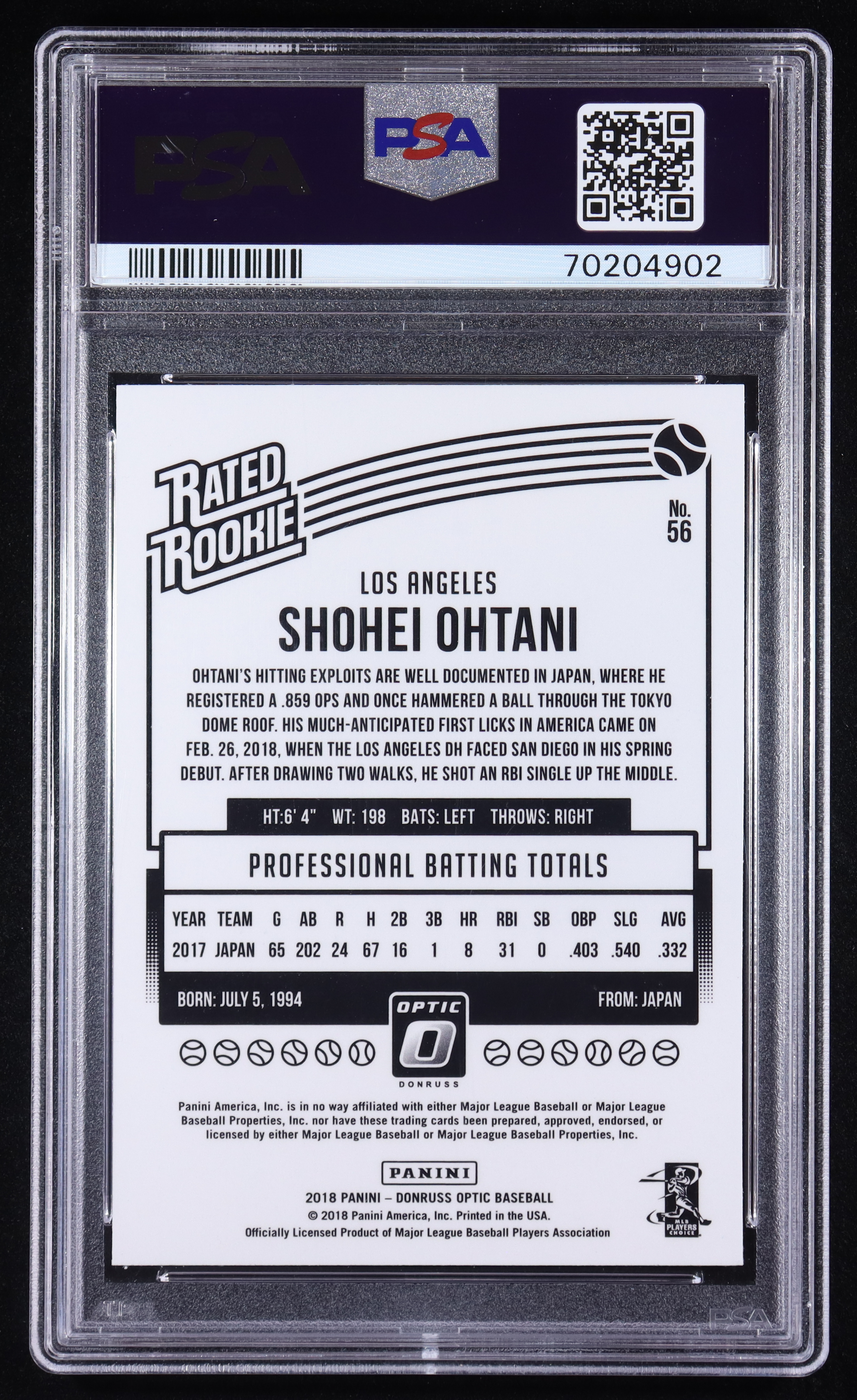 Shohei Ohtani 2018 Donruss Optic Variations #56 RR RC (PSA 10) at PristineAuction.com Shohei Ohtani 2018 Donruss Optic Variations #56 RR RC (PSA 10) at PristineAuction.com