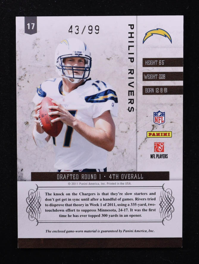 Philip Rivers 2011 Panini Plates and Patches Jerseys #17 #43/99 at PristineAuction.com Philip Rivers 2011 Panini Plates and Patches Jerseys #17 #43/99 at PristineAuction.com