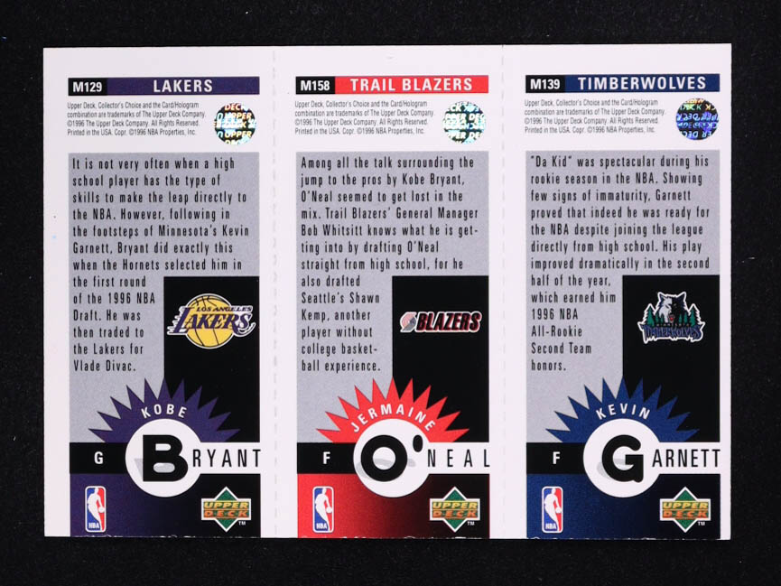 Kobe Bryant (RC) / Jermaine O'Neal (RC) / Kevin Garnett 1996-97 Collector's Choice Mini-Cards #M129 at PristineAuction.com Kobe Bryant (RC) / Jermaine O'Neal (RC) / Kevin Garnett 1996-97 Collector's Choice Mini-Cards #M129 at PristineAuction.com
