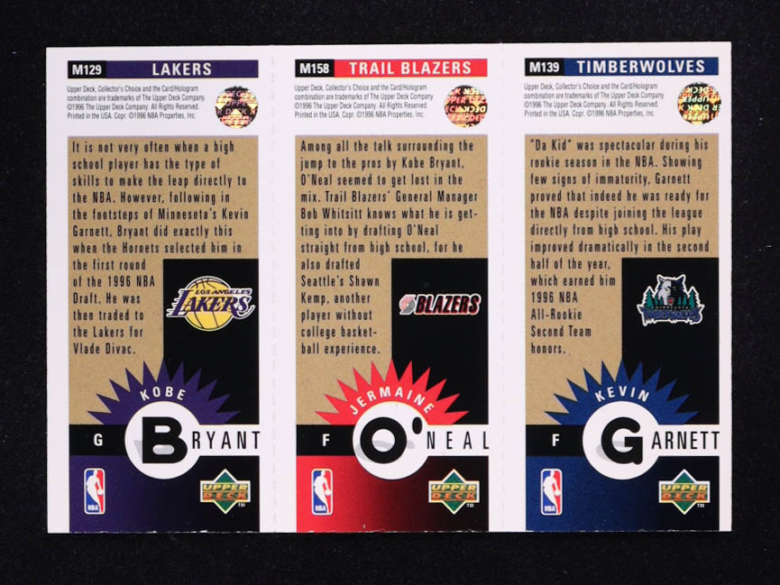 Kobe Bryant (RC) / Jermaine O'Neal (RC) / Kevin Garnett 1996-97 Collector's Choice Mini-Cards Gold #M129 at PristineAuction.com Kobe Bryant (RC) / Jermaine O'Neal (RC) / Kevin Garnett 1996-97 Collector's Choice Mini-Cards Gold #M129 at PristineAuction.com