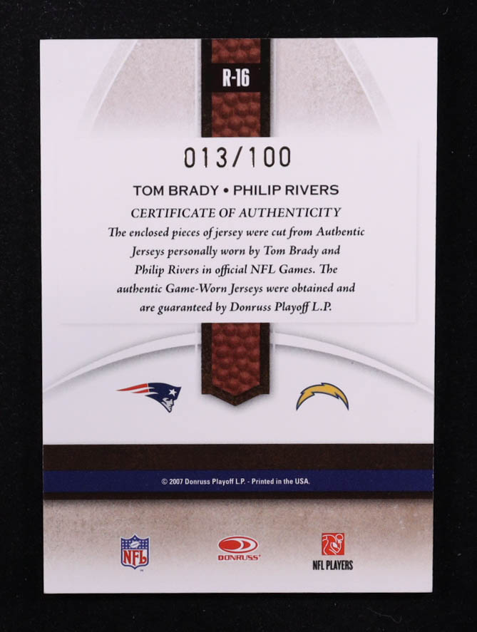 Tom Brady / Philip Rivers 2007 Donruss Gridiron Gear Rivals Jerseys #16 #013/100 at PristineAuction.com Tom Brady / Philip Rivers 2007 Donruss Gridiron Gear Rivals Jerseys #16 #013/100 at PristineAuction.com