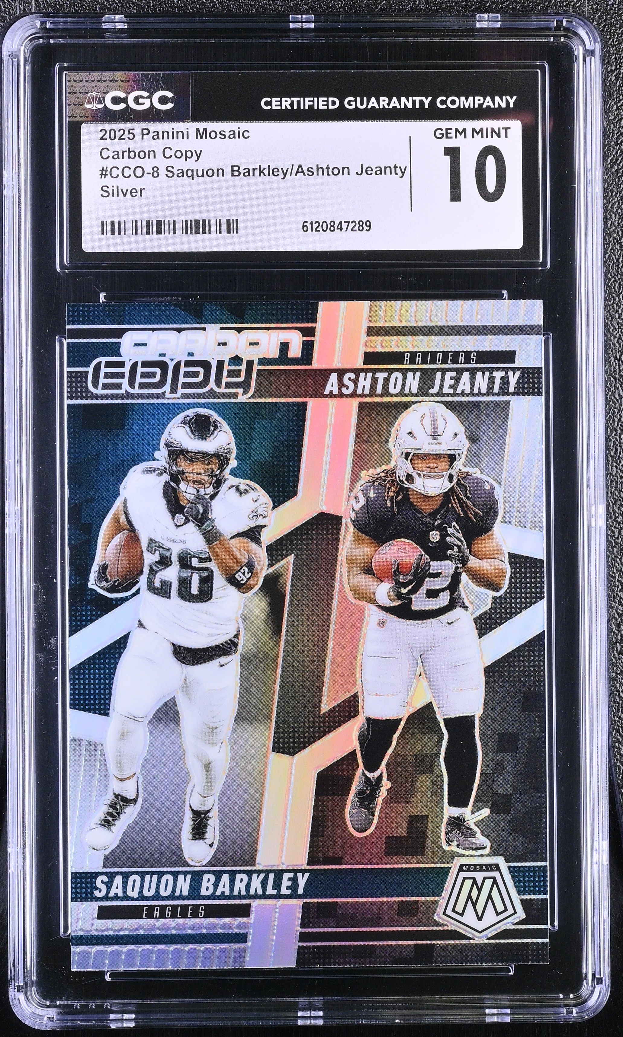 Ashton Jeanty RC / Saquon Barkley 2025 Panini Mosaic Carbon Copy Silver #8 (CGC 10) at PristineAuction.com Ashton Jeanty RC / Saquon Barkley 2025 Panini Mosaic Carbon Copy Silver #8 (CGC 10) at PristineAuction.com