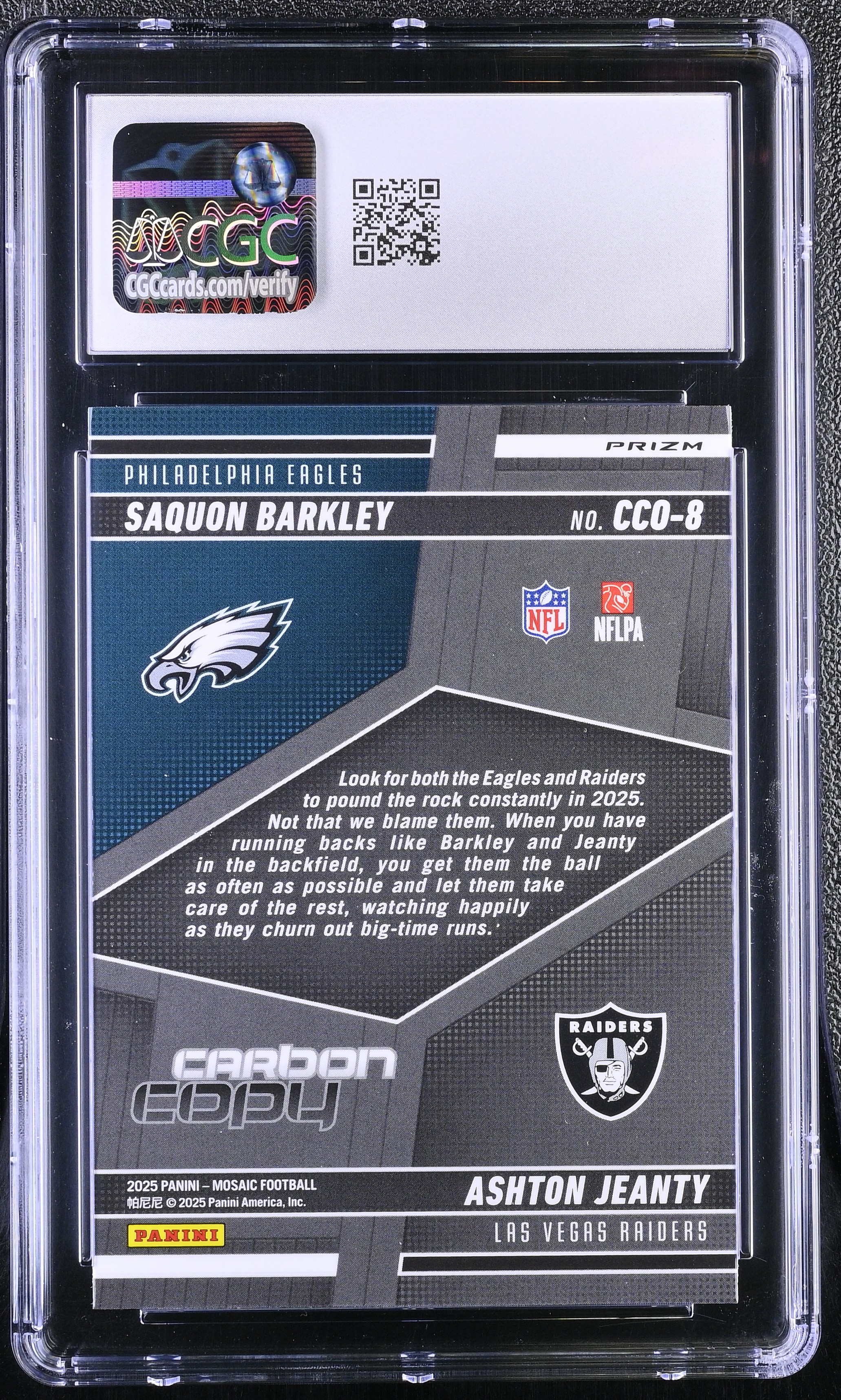 Ashton Jeanty RC / Saquon Barkley 2025 Panini Mosaic Carbon Copy Silver #8 (CGC 10) at PristineAuction.com Ashton Jeanty RC / Saquon Barkley 2025 Panini Mosaic Carbon Copy Silver #8 (CGC 10) at PristineAuction.com