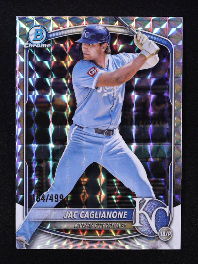 Jac Caglianone 2025 Bowman Chrome Prospects Geometric Refractors #BCP154 RC #164/499 at PristineAuction.com Jac Caglianone 2025 Bowman Chrome Prospects Geometric Refractors #BCP154 RC #164/499 at PristineAuction.com