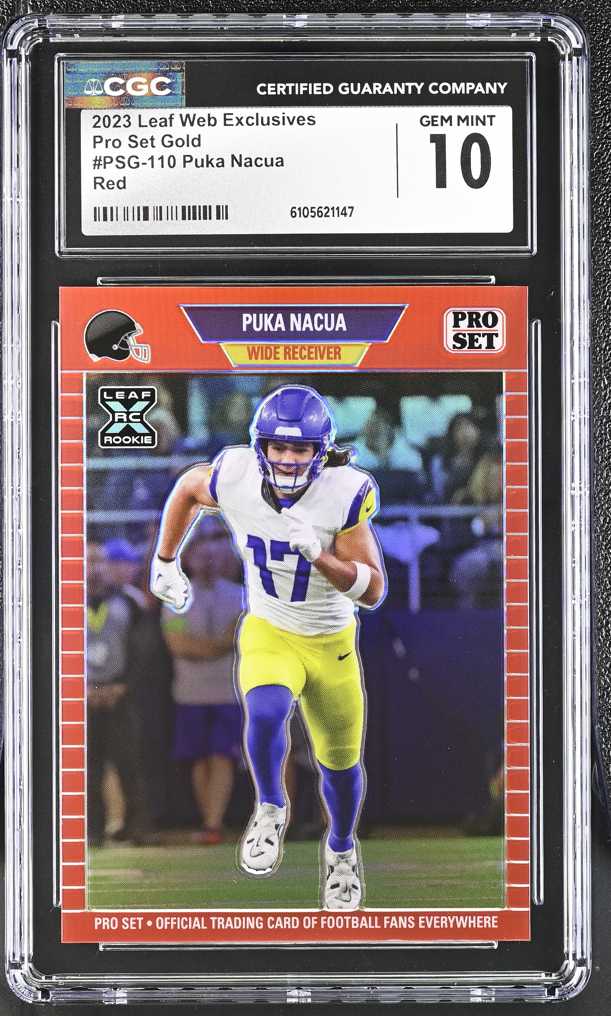 Puka Nacua 2023 Leaf Pro Set Web Exclusives Red Prismatic #PSG110 #59/89 RC (CGC 10) at PristineAuction.com Puka Nacua 2023 Leaf Pro Set Web Exclusives Red Prismatic #PSG110 #59/89 RC (CGC 10) at PristineAuction.com