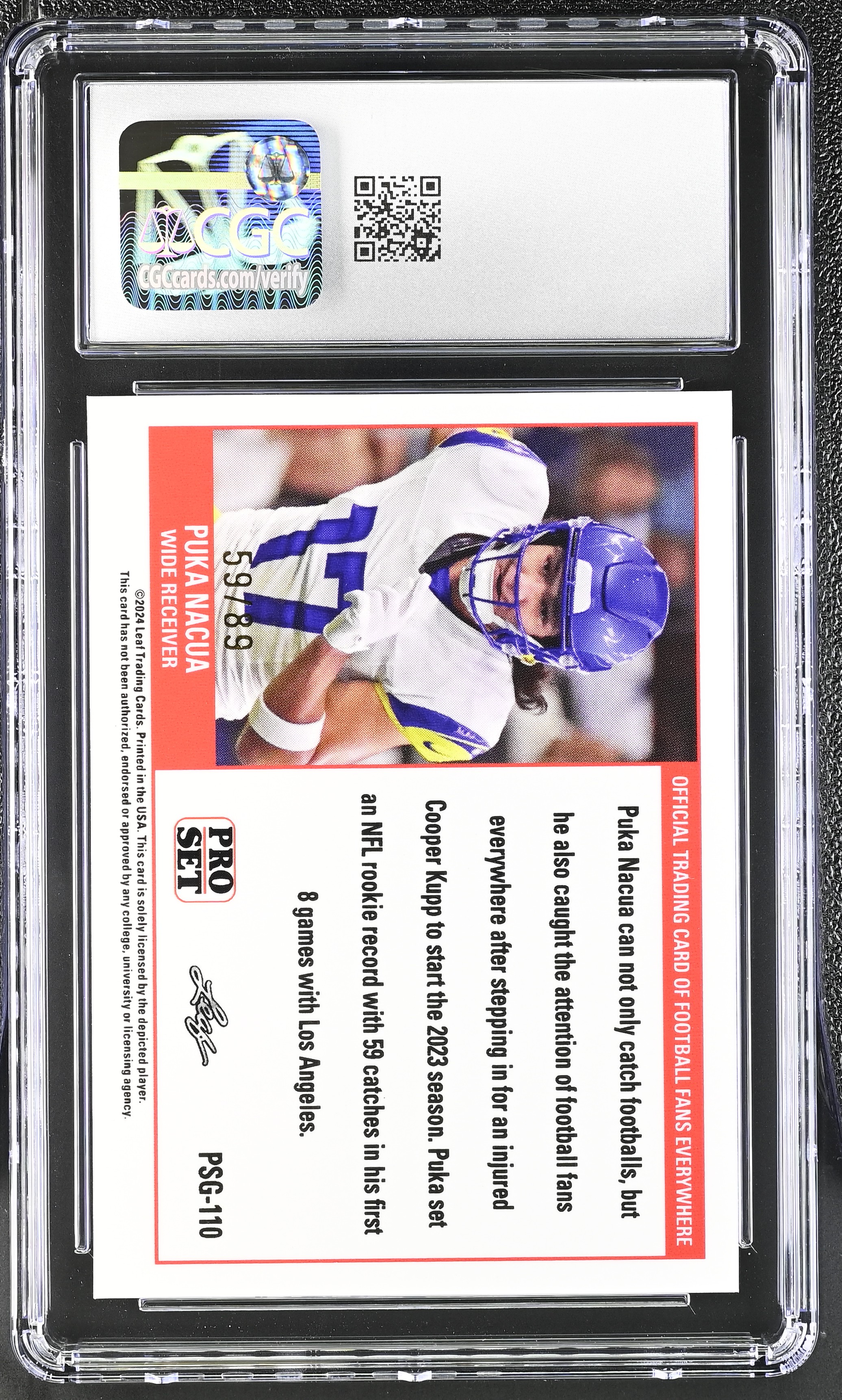 Puka Nacua 2023 Leaf Pro Set Web Exclusives Red Prismatic #PSG110 #59/89 RC (CGC 10) at PristineAuction.com Puka Nacua 2023 Leaf Pro Set Web Exclusives Red Prismatic #PSG110 #59/89 RC (CGC 10) at PristineAuction.com