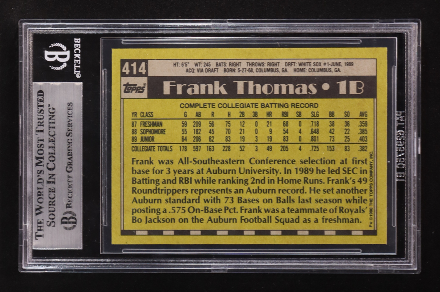 Frank Thomas Signed 1990 Topps #414 RC (BGS) at PristineAuction.com Frank Thomas Signed 1990 Topps #414 RC (BGS) at PristineAuction.com