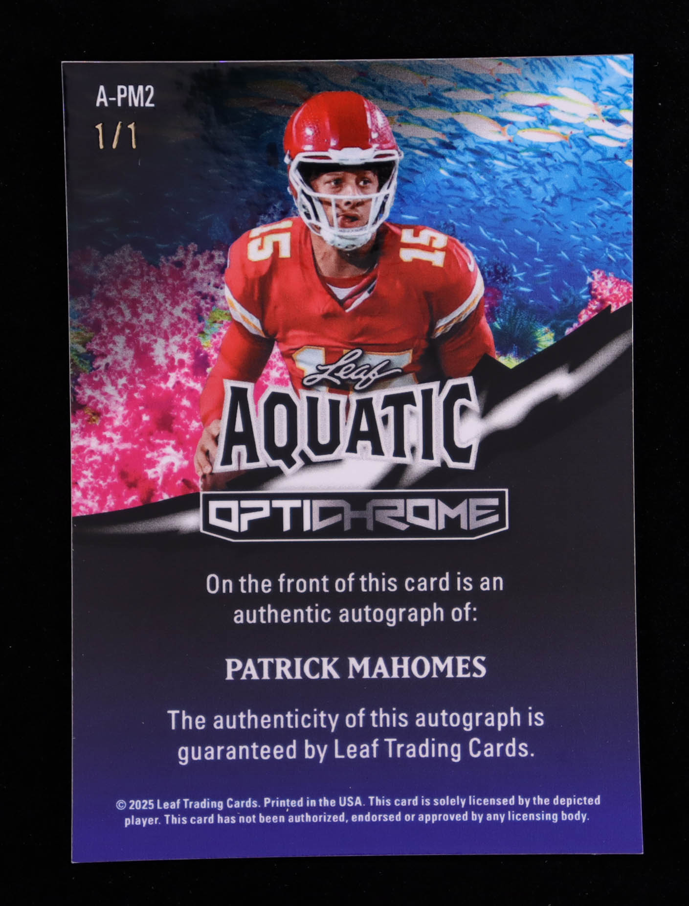 Patrick Mahomes II 2025 Leaf Optichrome Aquatic Autographs Crystal Clownfish #APM2 #1/1 at PristineAuction.com Patrick Mahomes II 2025 Leaf Optichrome Aquatic Autographs Crystal Clownfish #APM2 #1/1 at PristineAuction.com