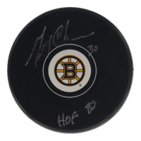Gerry Cheevers Signed Bruins Logo Hockey Puck Inscribed "HOF 85" (Fanatics) at PristineAuction.com