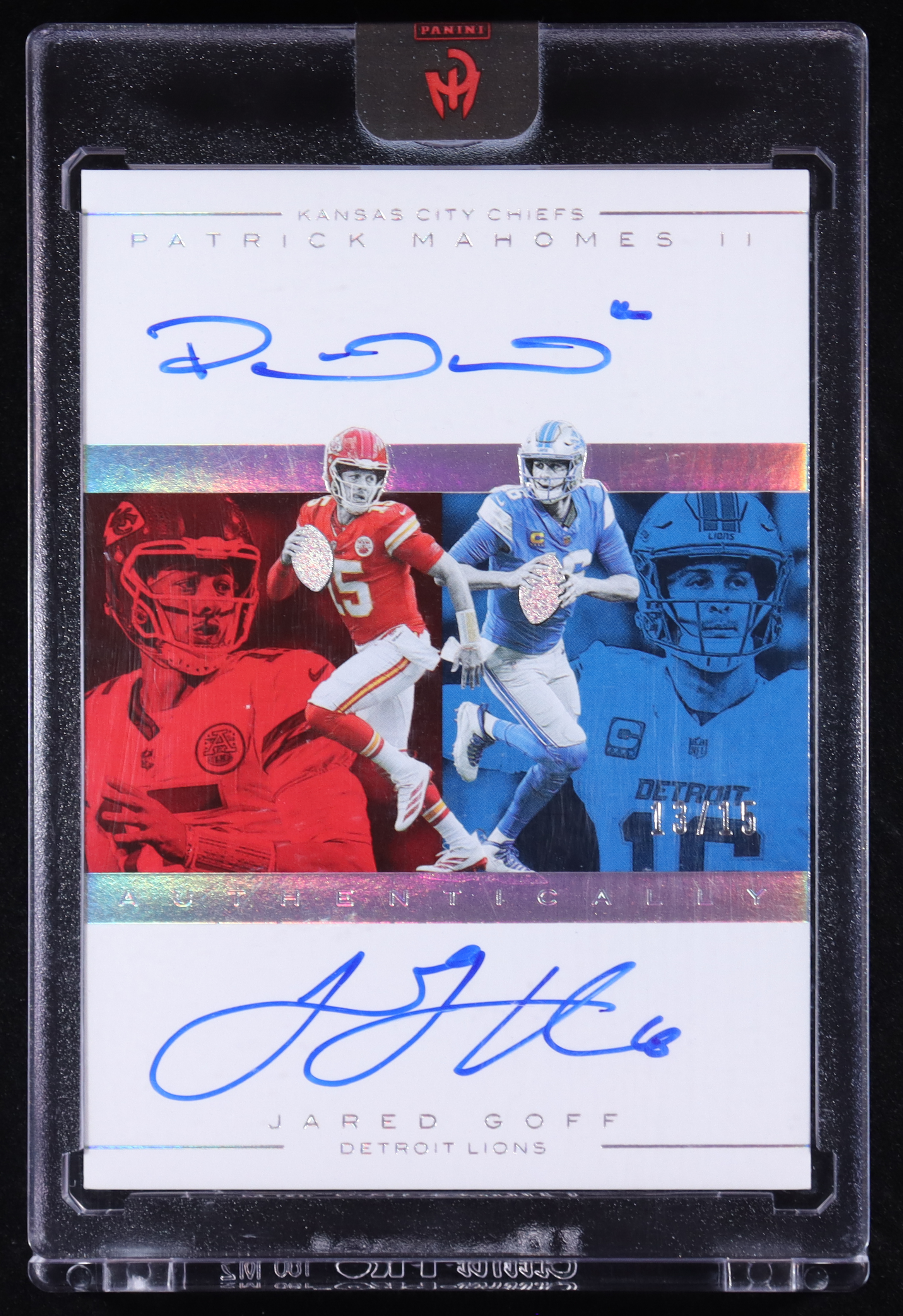 Patrick Mahomes II / Jared Goff 2025 Panini Authentically Mahomes Dual Autographs #2 #13/15 at PristineAuction.com Patrick Mahomes II / Jared Goff 2025 Panini Authentically Mahomes Dual Autographs #2 #13/15 at PristineAuction.com