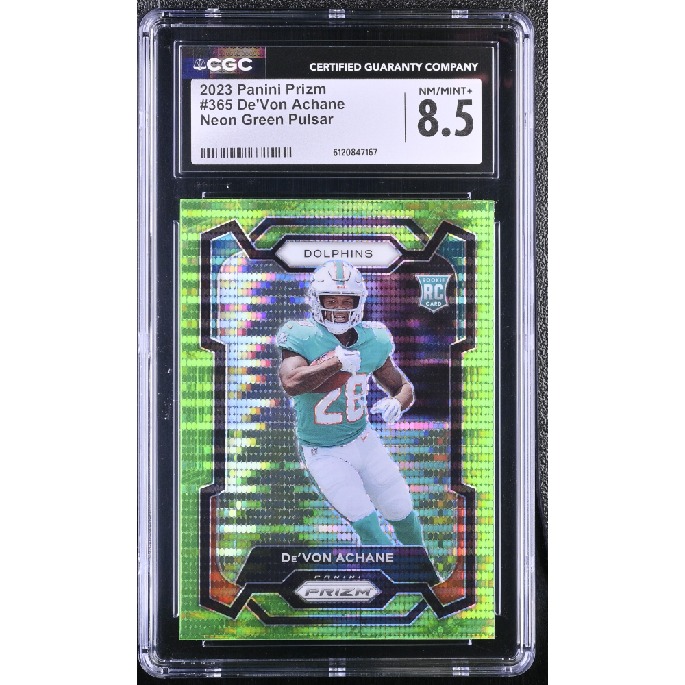 De'Von Achane 2023 Panini Prizm Neon Green Pulsar #365 RC (CGC 8.5) at PristineAuction.com
