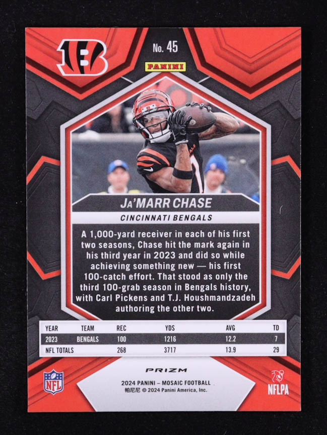 Ja'Marr Chase 2024 Panini Mosaic Red Sparkle #45 at PristineAuction.com Ja'Marr Chase 2024 Panini Mosaic Red Sparkle #45 at PristineAuction.com