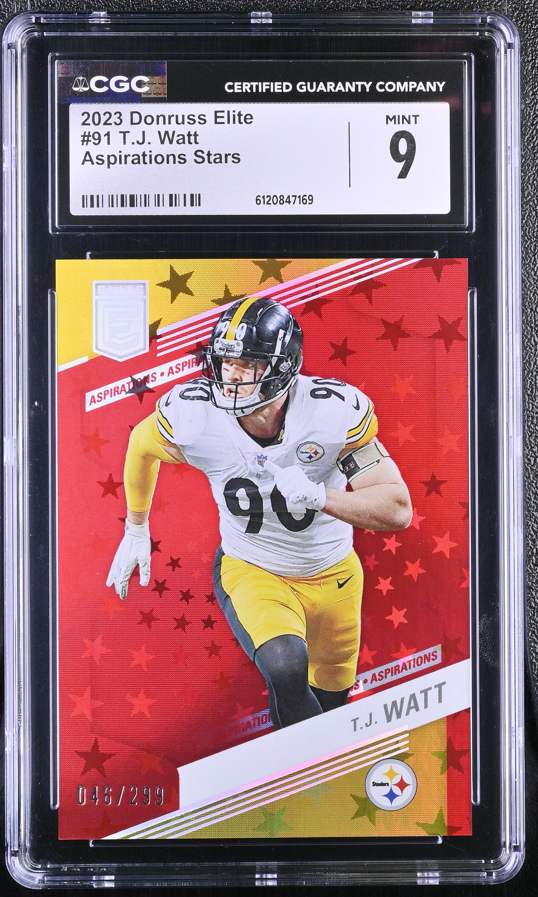 T.J. Watt 2023 Elite Aspirations Stars #91 #046/299 (CGC 9) at PristineAuction.com T.J. Watt 2023 Elite Aspirations Stars #91 #046/299 (CGC 9) at PristineAuction.com