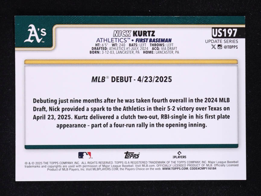Nick Kurtz 2025 Topps Update Pink Holo Foil #US197 RC at PristineAuction.com Nick Kurtz 2025 Topps Update Pink Holo Foil #US197 RC at PristineAuction.com