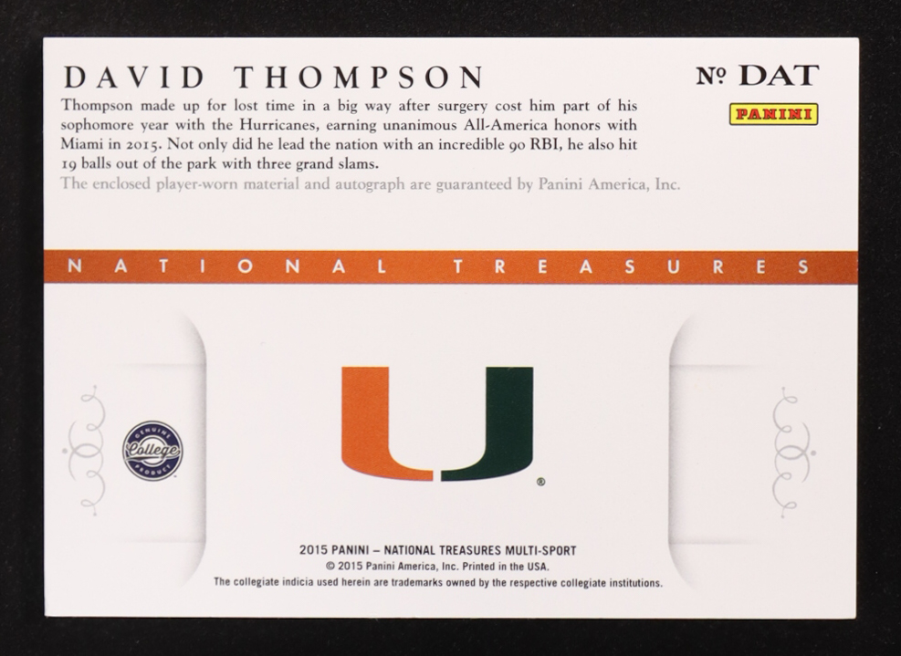 David Thompson 2015 Panini National Treasures Collegiate Multisport Patch Autograph #396 #05/99 at PristineAuction.com David Thompson 2015 Panini National Treasures Collegiate Multisport Patch Autograph #396 #05/99 at PristineAuction.com