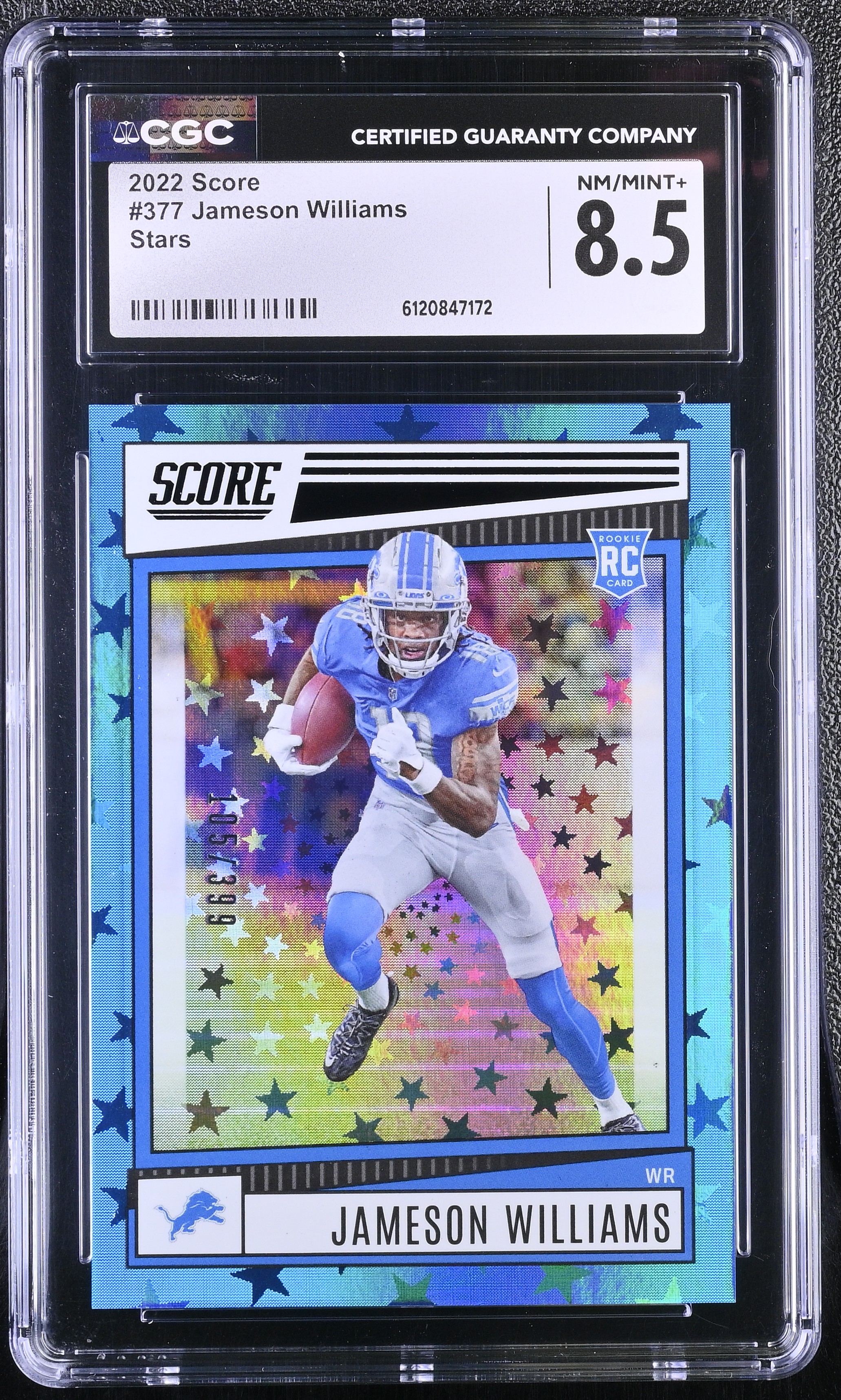 Jameson Williams 2022 Score Stars #377 RC #105/399 (CGC 8.5) at PristineAuction.com Jameson Williams 2022 Score Stars #377 RC #105/399 (CGC 8.5) at PristineAuction.com