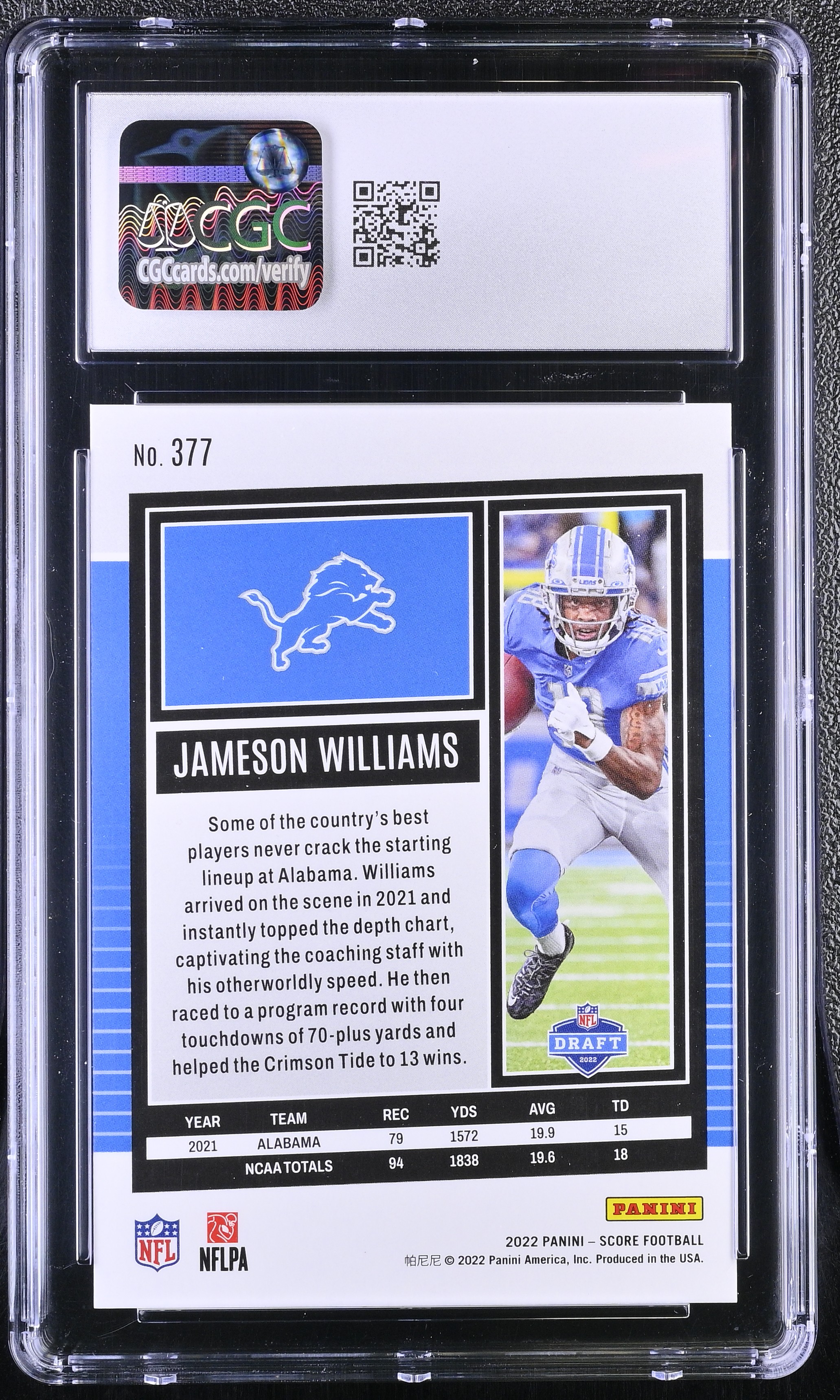 Jameson Williams 2022 Score Stars #377 RC #105/399 (CGC 8.5) at PristineAuction.com Jameson Williams 2022 Score Stars #377 RC #105/399 (CGC 8.5) at PristineAuction.com