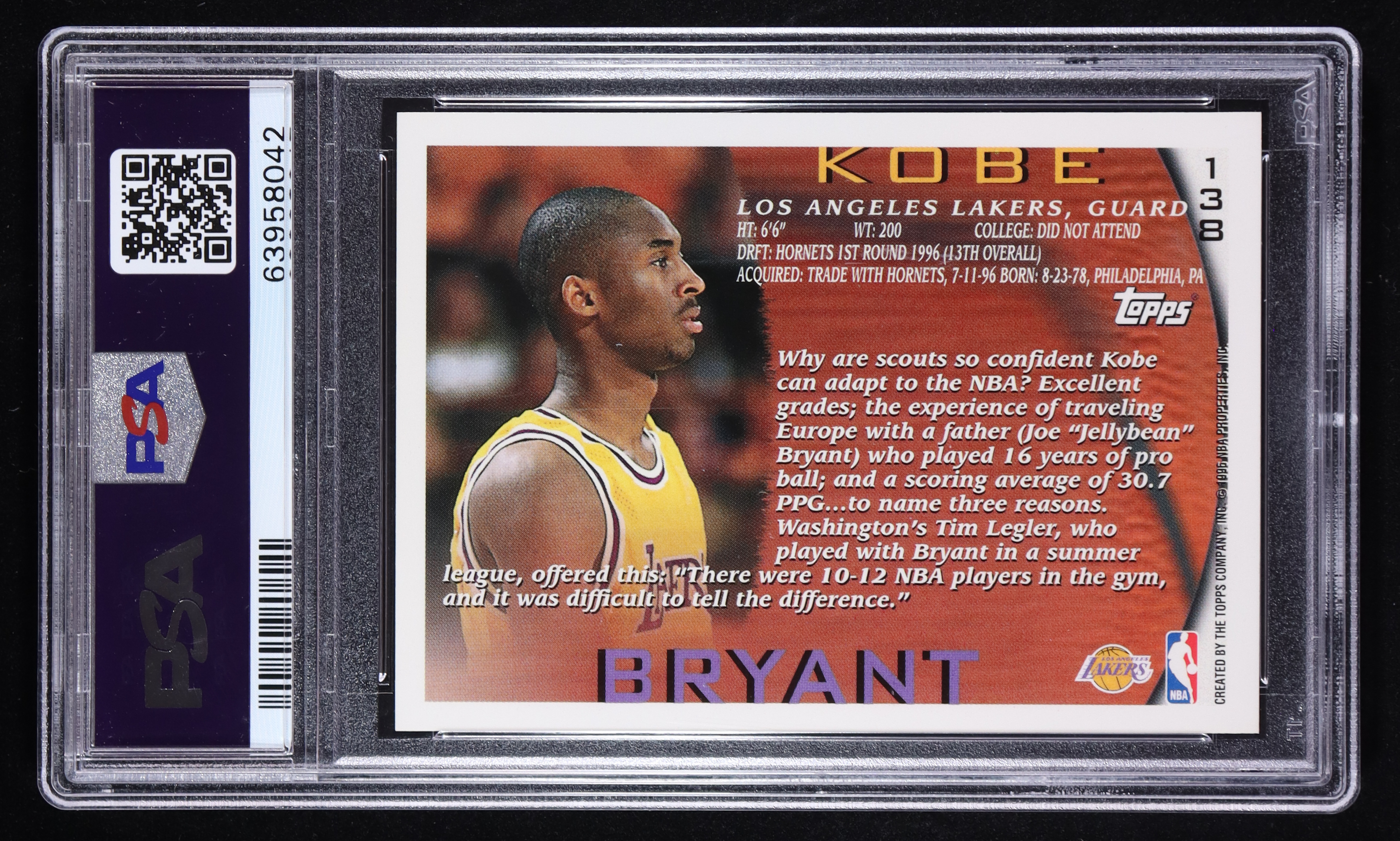 Kobe Bryant 1996-97 Topps #138 RC (PSA 10) at PristineAuction.com Kobe Bryant 1996-97 Topps #138 RC (PSA 10) at PristineAuction.com