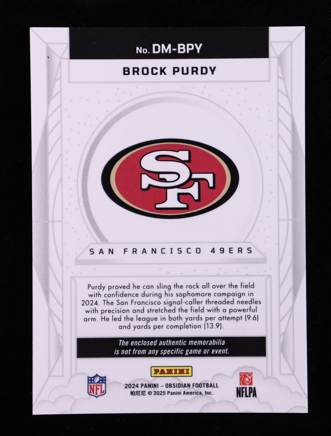 Brock Purdy 2024 Panini Obsidian Dusk Memorabilia #3 at PristineAuction.com Brock Purdy 2024 Panini Obsidian Dusk Memorabilia #3 at PristineAuction.com