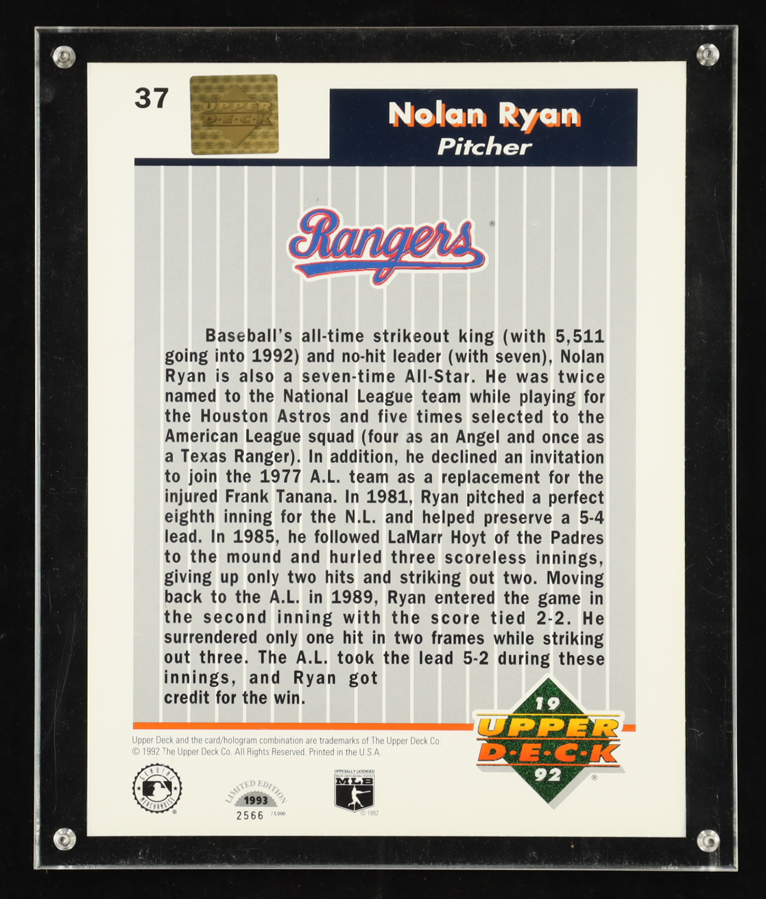 Nolan Ryan 1993 LE Upper Deck All-Star Heroes Jumbo #37 at PristineAuction.com Nolan Ryan 1993 LE Upper Deck All-Star Heroes Jumbo #37 at PristineAuction.com