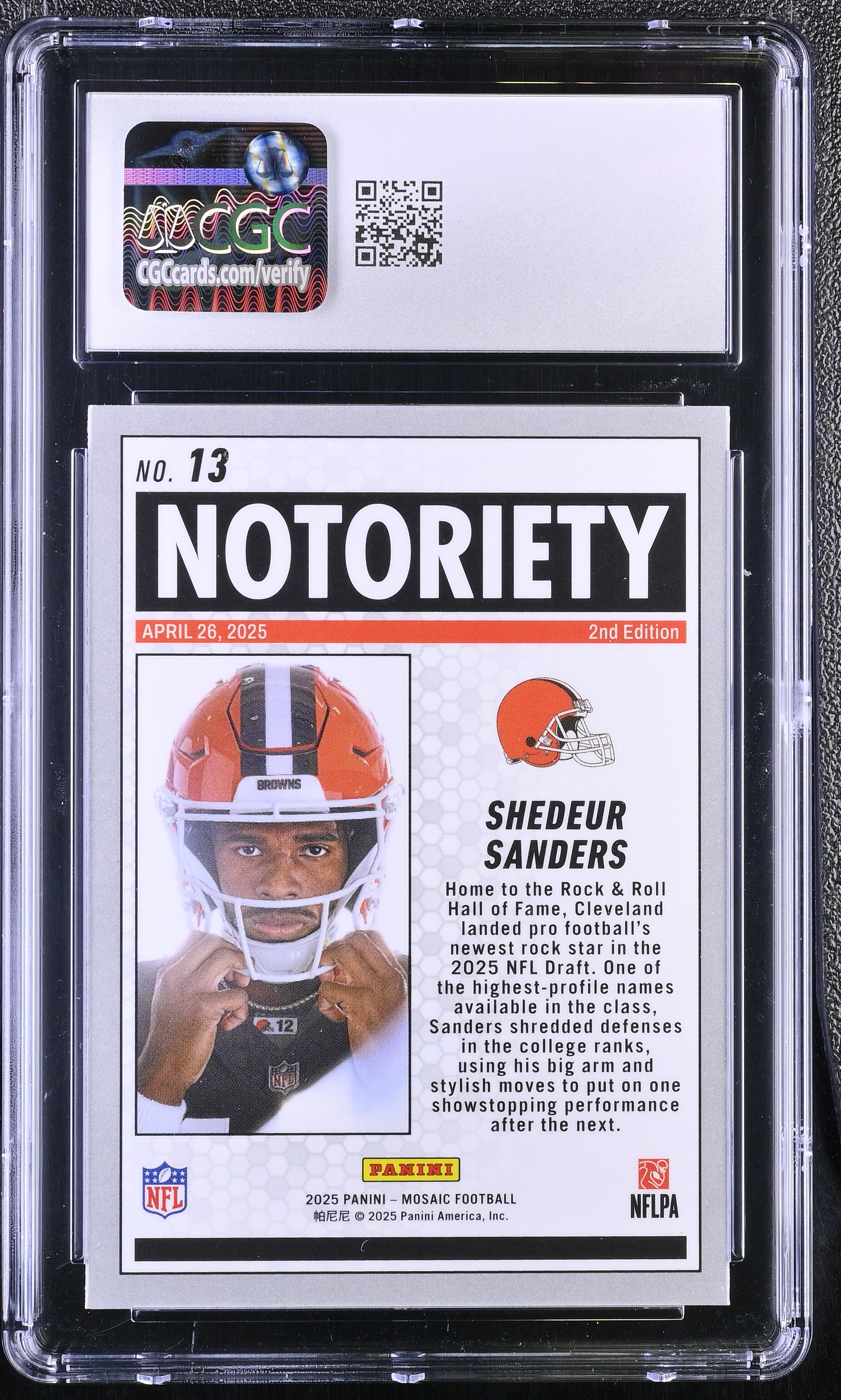 Shedeur Sanders 2025 Panini Mosaic Notoriety #13 RC (CGC 9) at PristineAuction.com Shedeur Sanders 2025 Panini Mosaic Notoriety #13 RC (CGC 9) at PristineAuction.com