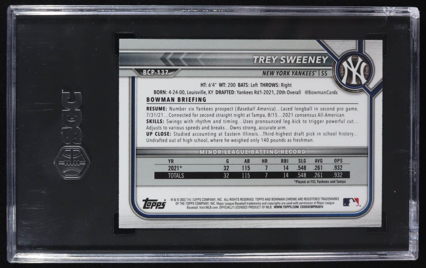 Trey Sweeney 2022 Bowman Chrome Mega Box Prospects #BCP137 (SGC 9.5) at PristineAuction.com Trey Sweeney 2022 Bowman Chrome Mega Box Prospects #BCP137 (SGC 9.5) at PristineAuction.com