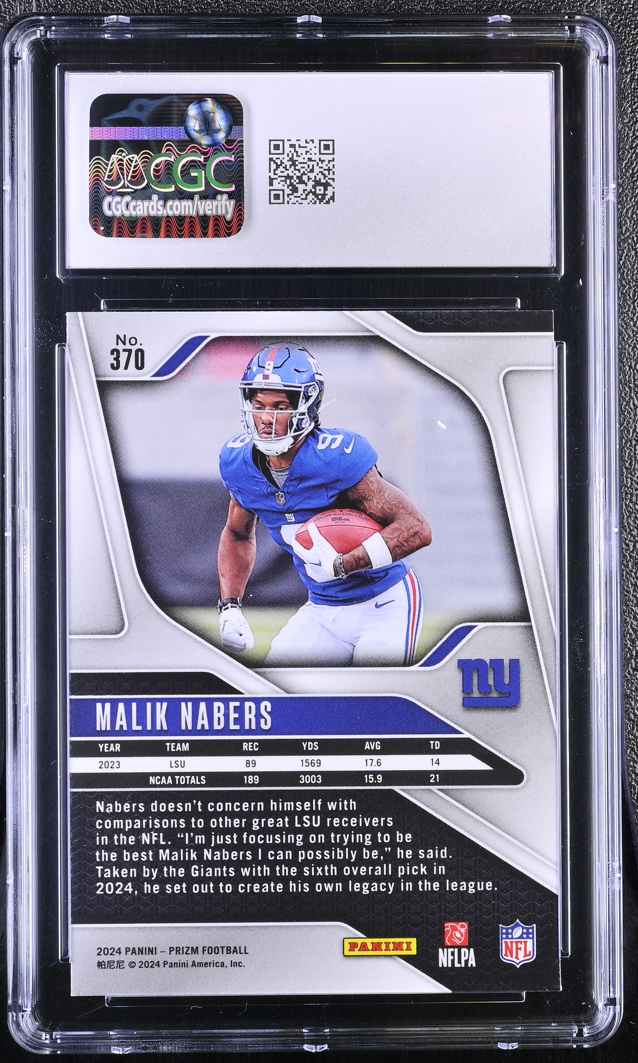 Malik Nabers 2024 Panini Prizm #370 RC (CGC 10) at PristineAuction.com Malik Nabers 2024 Panini Prizm #370 RC (CGC 10) at PristineAuction.com