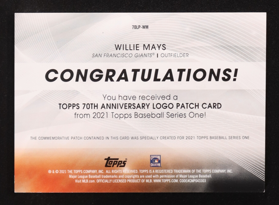 Willie Mays 2021 Topps 70th Anniversary Commemorative Logo Patches #70LPWM at PristineAuction.com Willie Mays 2021 Topps 70th Anniversary Commemorative Logo Patches #70LPWM at PristineAuction.com