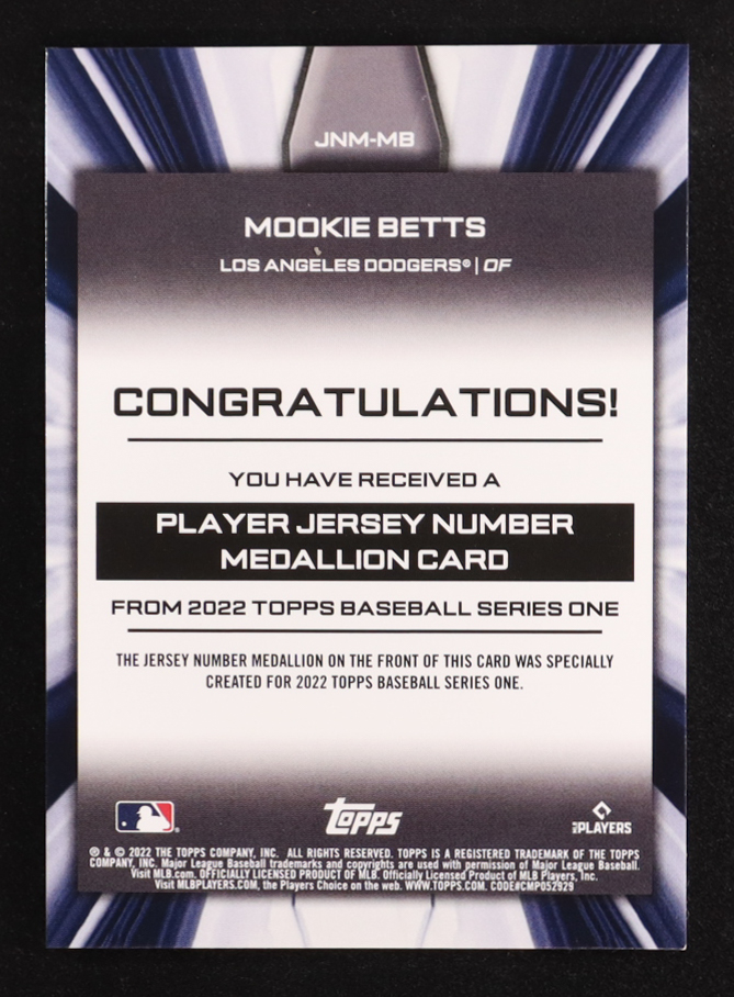 Mookie Betts 2022 Topps Commemorative Player Jersey Number Medallions #JNMMB at PristineAuction.com Mookie Betts 2022 Topps Commemorative Player Jersey Number Medallions #JNMMB at PristineAuction.com