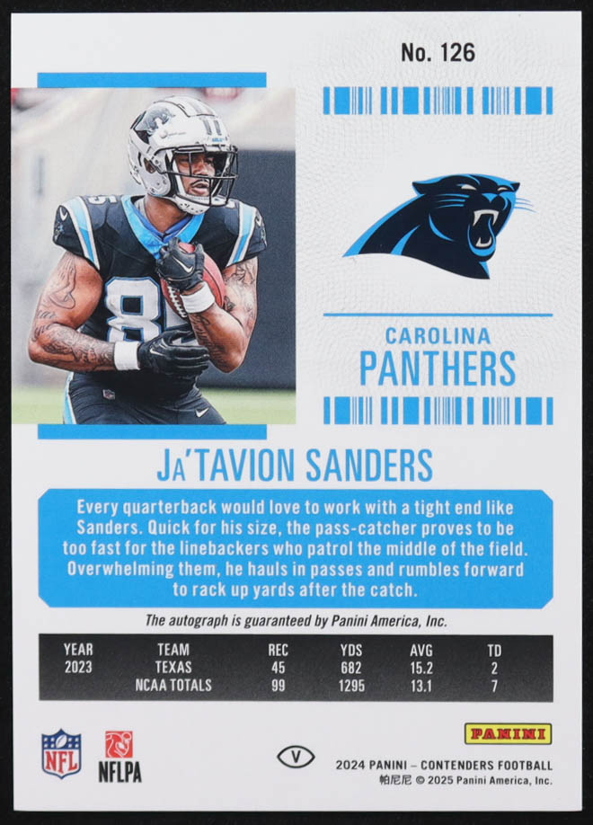 Ja'Tavion Sanders 2024 Panini Contenders Autograph Variation #126 RC at PristineAuction.com Ja'Tavion Sanders 2024 Panini Contenders Autograph Variation #126 RC at PristineAuction.com
